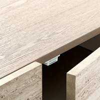 Meuble TV KUMUSI 84 pouces en travertin naturel avec rangement et étagères réglables, table console en pierre avec armoire