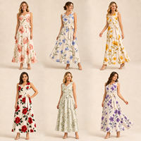 Robe trapèze élégante sans manches à col drapé et ceinture, imprimé floral, en coton et mousseline, personnalisée ODM, pour femme, idéale pour les fêtes estivales en jardin