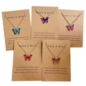 Fashion Female Gift Make A Wish Card Colorful Enamel Butterfly Pendant Necklace Jewelry For Women Ladies