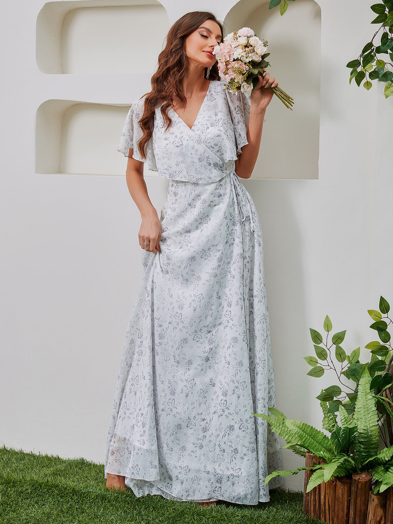 flowy chiffon maxi dress Missord Long Sleeve Corset Cutout Floral Evening Dress DH80214 Online Sale  – MISS ORD main image 1