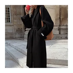 Casaco de lã preto elegante, clássico de inverno, uso externo, feito à mão, dupla face, para mulheres