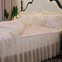 Parure de lit 4 pièces en coton rose pastoral de luxe, style princesse, avec jupe de lit à volants et taies d'oreiller