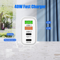 Chargeur mural 40W à double USB-C PD à charge rapide avec protection OTP Matériau ignifuge Prise US/UK/EU pour téléphones portables et voyages