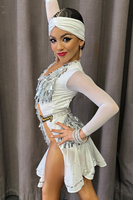 Robe de danse latine Vennystyle blanche sur mesure avec strass et paillettes en spandex/coton pour compétition de rumba, chacha, samba