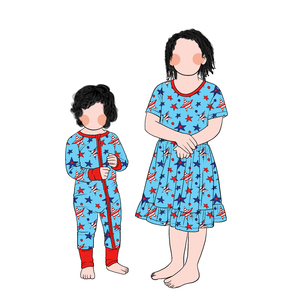 Fabricación de fábrica, venta al por mayor, fibra de proteína de leche, <span class=keywords><strong>el</strong></span> 4 de julio, mameluco para bebé, vestido a juego para niñas - Product Image 1