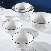 Bol à riz en céramique de porcelaine blanc pur avec ligne noire en relief, grand format, pour la maison et les restaurants, fabriqué en Chine à prix abordable