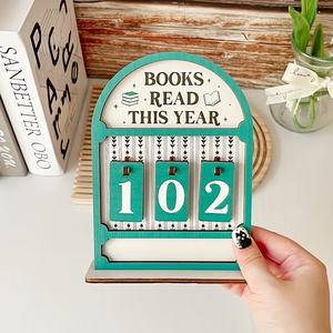 Ornement de bureau en buis pour affichage des statistiques de lecture, avec motif étoile rayé et calendrier de table en forme d'arche - Product Image 3