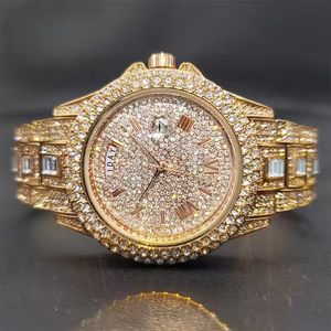 Luxury Men's Quartz <b>Watch</b> Full Diamond Gold Fashion Stainless Steel Band Double Calendar Gentlemen's Style Alloy Glass - Product Image 1