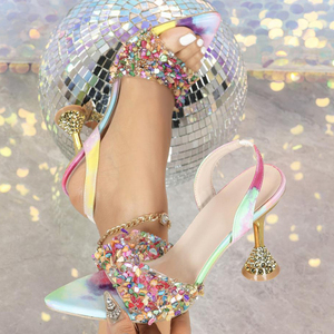 Sandales colorées à bout pointu avec pierres colorées, chaussures à talons chaton brillants ornées de diamants, escarpins à bride arrière pour femmes - Product Image 3