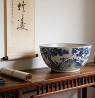 Mangkuk Porselen Chinoiserie Biru & Putih XL 16''  Lukisan Tangan Pohon Pinus Rusa Mangkuk Keramik Besar Pot Tanaman Keramik Besar