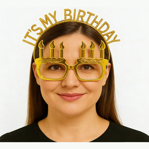 אביזרי צילום מפלסטיק בצבעי זהב וכסף, כיתוב מסיבת יום הולדת, סרט לראש ומשקפי נר למסיבת יום הולדת - Product Image 1