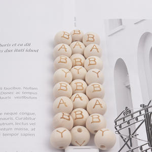 Perles en bois 14mm faites à la main, 26 lettres anglaises sculptées, perles rondes en vrac pour la fabrication de bijoux, style couleur bois naturel - Product Image 5