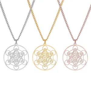 Stainless Steel Sacred Geometry Archangel Metatron Pendant Necklace Hexagram Seal Flower Of Life Necklaces For Men Women