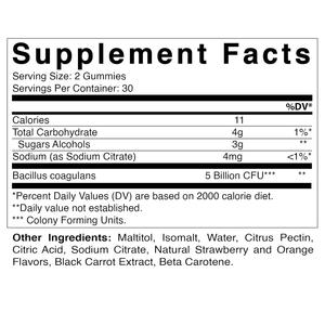 Gommes probiotiques avec 5 milliards d'UFC de Bacillus Coagulans par portion, saveur naturelle d'orange et de fraise, complément alimentaire - Product Image 2