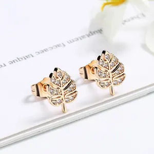 Fashion Brass Earring Jewelry 18K Gold Plated Crystal Diamond Huggie Leaf Earing For Women