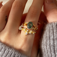 Nouvelle bague tendance classique de luxe en laiton plaqué argent, artisanale, avec pierre précieuse agate mousse, pour femme, pour mariage