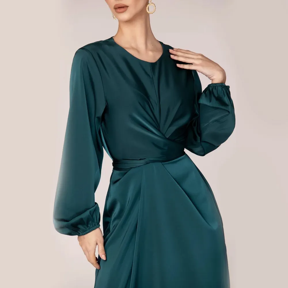 2023 Custom women luxury satin silk long sleeve muslim irab turkish dubai fancy maxi abaya dress