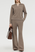 1. Ensemble Minimaliste Femme 100% Cachemire Tricoté : Haut Col Revers Col V et Pantalon Large en Maille – Tenue Décontractée 2 Pièces