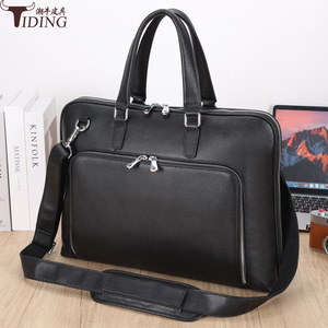 Tiding Genuine Leather Men's Business <b>Briefcase</b> 15.6 Inch Laptop Bag Durable Solid Color Black - Product Image 1