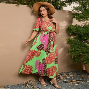 Robe de plage bohème à manches longues à imprimé floral pour femmes, col en V, coupe évasée, en mousseline de soie, robe de loisirs fluide - Product Image 2
