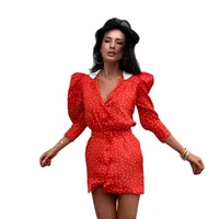 Robe midi à pois de style français vintage pour femmes, col élégant, manches trois quarts, mode automne