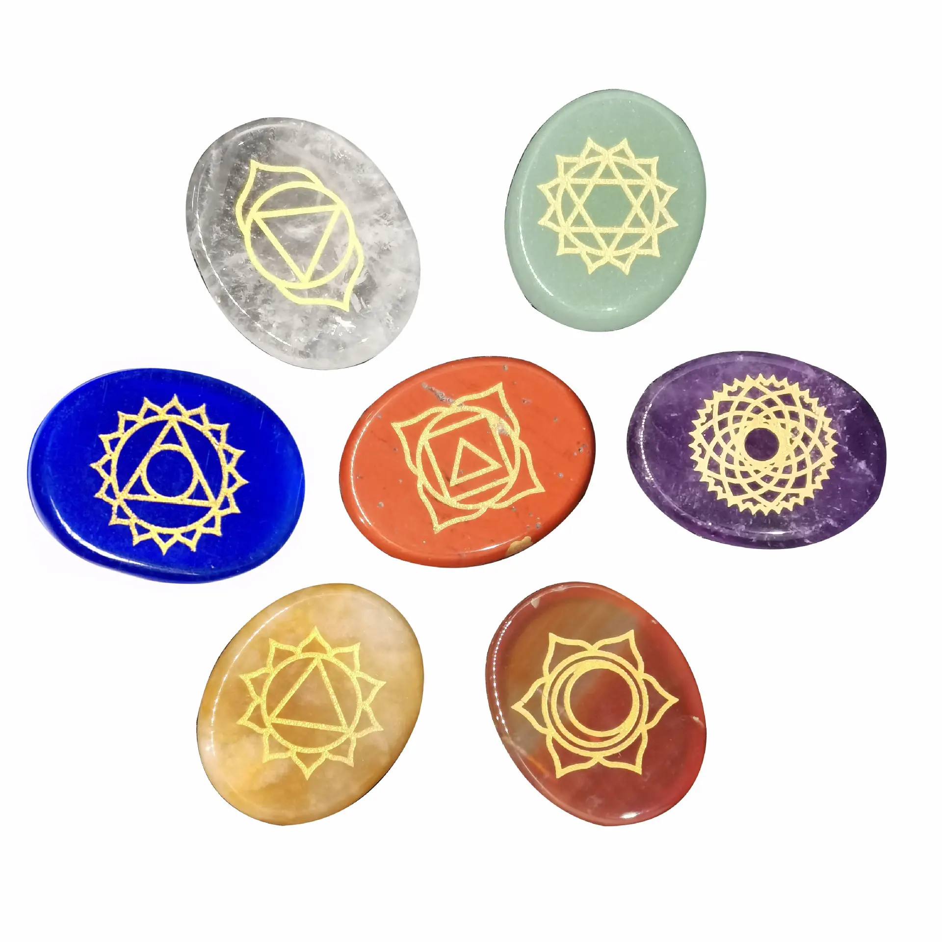 Natural Crystal Semi-precious Colorful Round Oval Shaped Yoga Stone Engraved Symbols Healing 7 Chakra Energy Stone With Box