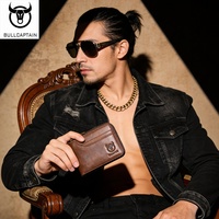 Dompet Kulit Asli Pria BULLCAPTAIN dengan Ritsleting, Anti-RFID, Lipat Dua, Jendela ID, Tempat Paspor, dan Kantong Koin Beritsleting