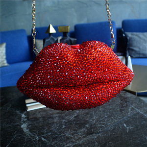 Bolso de Mano de Lujo para Mujer, Diseño de Labios Rojos, con Cadena, Correa Cruzada, Satinado, Brillante, con Cristales de Imitación, para Fiestas Nocturnas, Bodas - Product Image 5