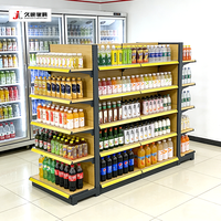 Étagères de présentation de supermarché Jiushun en bois et acier, gondoles double face pour allées centrales, présentoirs en bois pour aliments et boissons