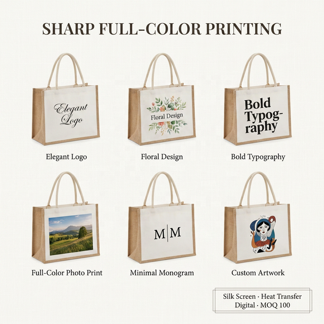 Waterproof Grocery Shopping Tote Eco-Gift Folding Jute Burlap Hemp Rope Bag Custom Heat Transfer Logo Printing Wholesale