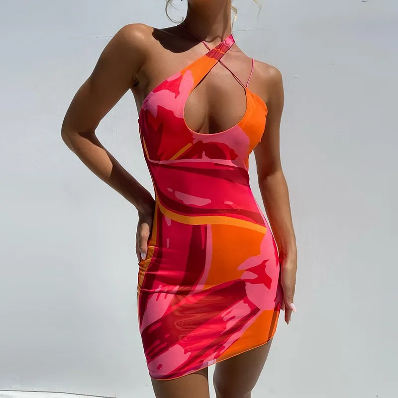 Impresión abstracta de la correa de espagueti cuerpo con vestido cami verano Vestido corto Ropa Étnica parte vestidos de las mujeres
