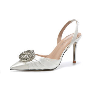 Robe de soirée élégante de style français, talons hauts, sandales à bout fermé avec strass pour femmes, chaussures de mariage en satin blanc, chaussures de demoiselle d'honneur - Product Image 6