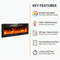 Cheminée électrique ultra-mince de 42 pouces encastrable dans le mur ou dans le cadre de lit, 12 couleurs de flammes, lit de braises en cristal, télécommande à écran tactile