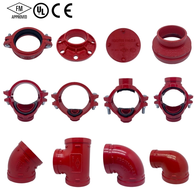 FM UL Approved Fire Fighting Grooved Ductile Iron Fittings Elbow Tee Flange Coupling Red Epoxy Painted for Fire Sprinkler
