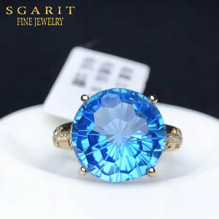 Anello gioielli personalizzati Sgarit oro 18 carati 9,18 ct rotondo topazio blu svizzero pietra preziosa naturale anello grande pietra donna
