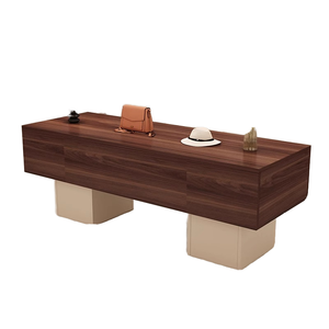 Mesa Consola Moderna de Madera Sólida, Diseño Minimalista con Almacenamiento, Base Beige, Acabado en Nogal Oscuro, Muebles Comerciales - Product Image 1