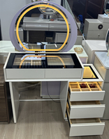 Coiffeuse blanche OEM avec miroir LED rond, plateau en verre, organisateur de bijoux et armoire latérale extensible pour chambre à coucher