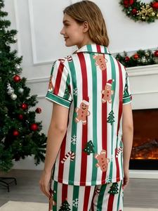 Hot Sale Women's Christmas Knit V-neck Short-sleeved Elegant Casual <strong>Pajama</strong> Set-Soft Thermal Breathable Elastic Waist Printed - Product Image 3