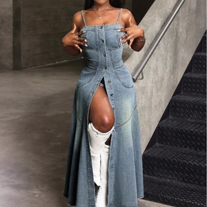 Vestidos de mezclilla elegantes de longitud media con cuello halter y un solo botón para mujer - Product Image 2