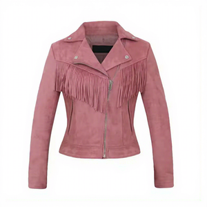 Womens Real Pink <b>Suede</b> Leather Fringe <b>Jacket</b> Asymmetrical Zip Western Boho Biker Coat Custom Winter Warm <b>Ladies</b> Outerwear - Product Image 1