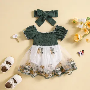 2024 infant Baby Girl 2 Piece Set Square Neck Short Sleeve Shirred Frill Trim Mesh Romper Dress Solid Color Headband Toddler O