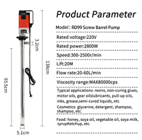 Pompe Verticale pour Fûts à Haute Viscosité en Acier Inoxydable 316, Électrique, Type à Vis, Qualité Alimentaire pour Liquides Épais comme le Miel