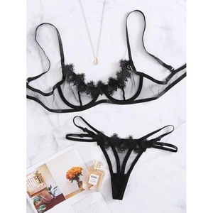 Conjunto de sujetador de encaje de malla para mujer, ropa de dormir transpirable negra, lencería sexy de dos piezas - Product Image 2