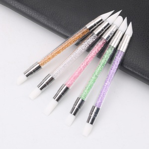 Juego de 5 pinceles de silicona para decoración de uñas, pinceles de doble punta para pegamento de uñas, mango rosa cristal y oro rosa, pinceles para manicura de salón - Product Image 2