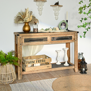 Mesa Consola de Esquina de Madera Maciza Estilo Shabby Chic Vintage con 2 Cajones y 1 Estante para Sala de Estar, Hotel o Uso Doméstico - Product Image 2