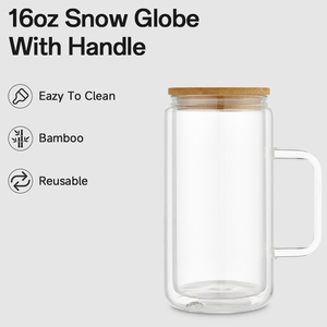 Wholesale Bulk 16oz Glass Juice Cups Pre Drilled <strong>Mason</strong> <strong>Jar</strong> Clear Double Wall Glass Snowglobe <strong>Tumbler</strong> With Handle - Product Image 4