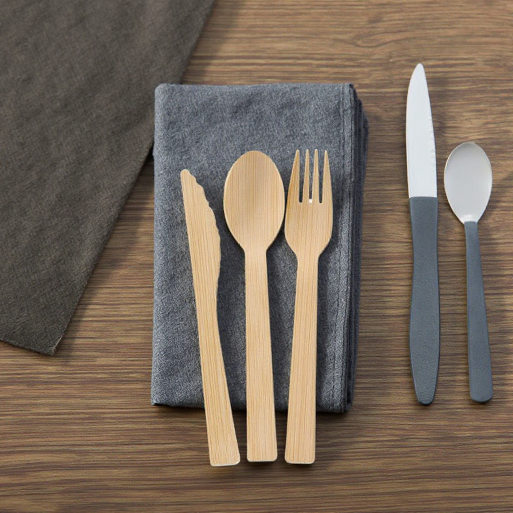 Disposable Compostable Bamboo Cutlery Set Heat-Resistant Spoon Fork Knife for Party Dinners