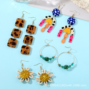 Fashionable Drop Earrings Geometric Leopard Print Sunflower Glass Bead Design Party Jewelry Women's <b>Accessories</b> - Product Image 1