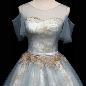 Light Blue Off The Shoulder Ball Gown Evening Dress With Floral Print Empire Waistline Organza Fabric For Adult Women - Product Image 4