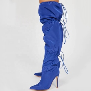 Size 44 Stretch Wide Top Women Silver Over Knee High Boots Stiletto <b>Pointed</b> Toe Elastic Lace up Shoes Thigh High Long Booties - Product Image 4